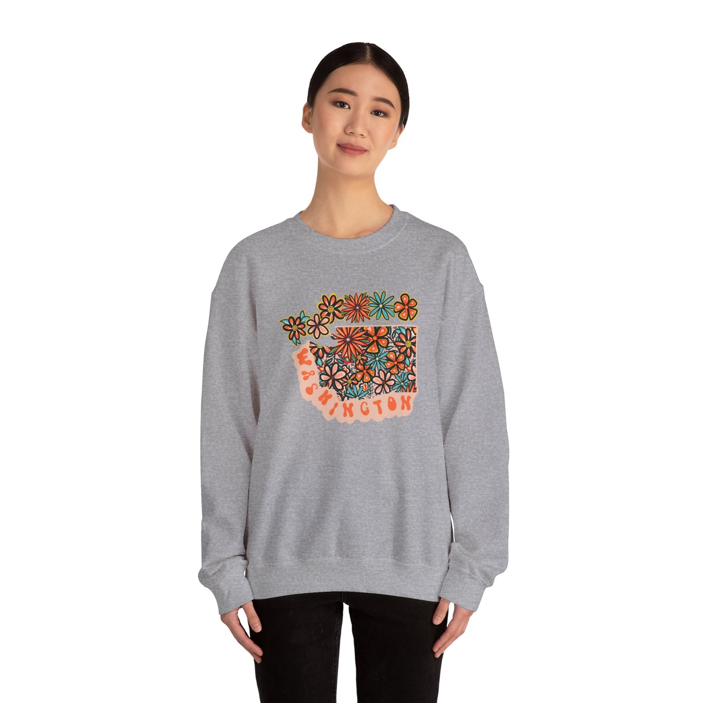 Retro 70s Flowers Washington State Design — Heavy Blend™ Crewneck Sweatshirt