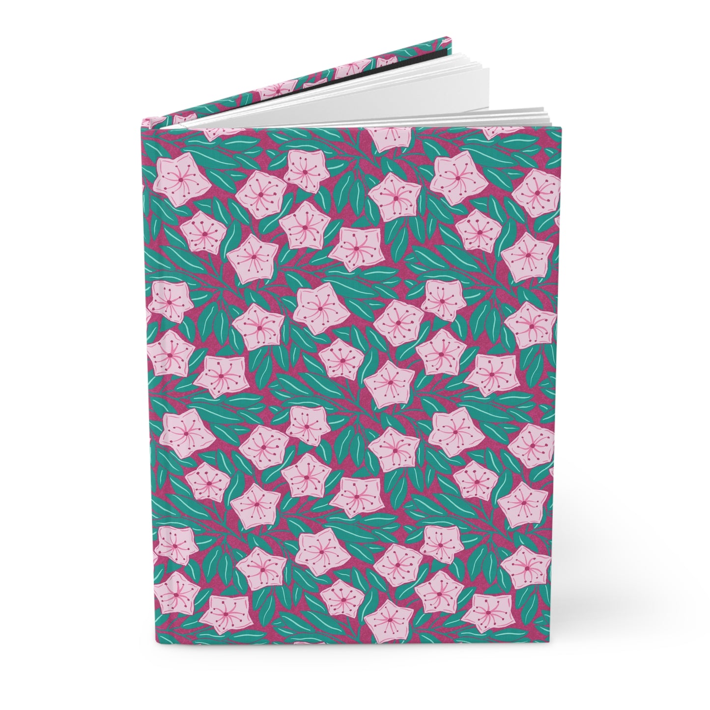 Pink Mountain Laurel Blossoms Hardcover Journal — Pink Blossoms on Teal — Matte Notebook for Notes & Gifts