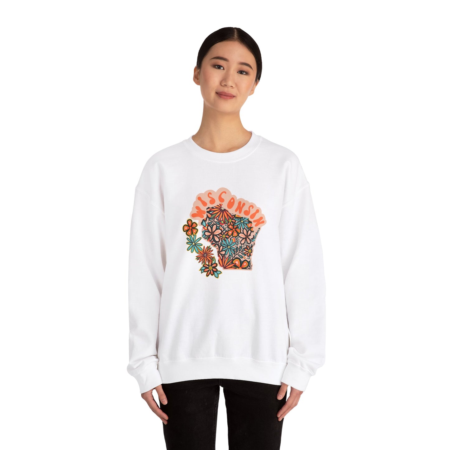 Retro 70s Flowers Wisconsin State Design — Heavy Blend™ Crewneck Sweatshirt