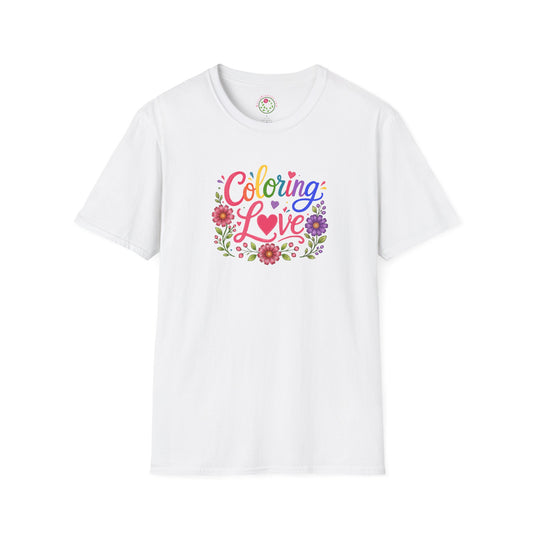 Coloring Love T‑Shirt — Floral Rainbow Heart Design