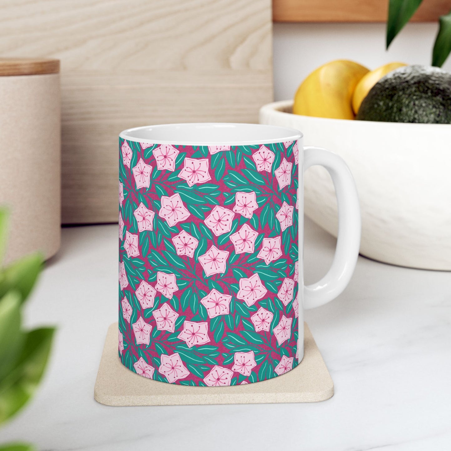Pink Mountain Laurel Blossoms Ceramic Mug — Pink Flowers on Teal Background (11oz/15oz)