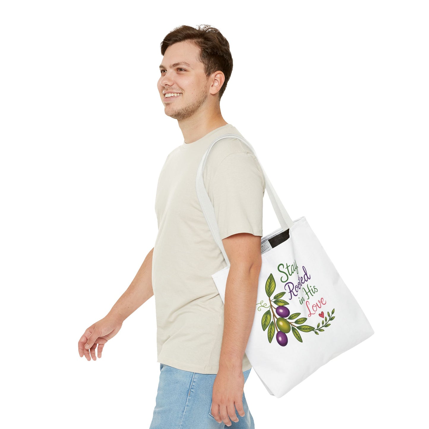 Stay Rooted in His Love Tote Bag — Faith-Based Olive Branch Canvas Tote