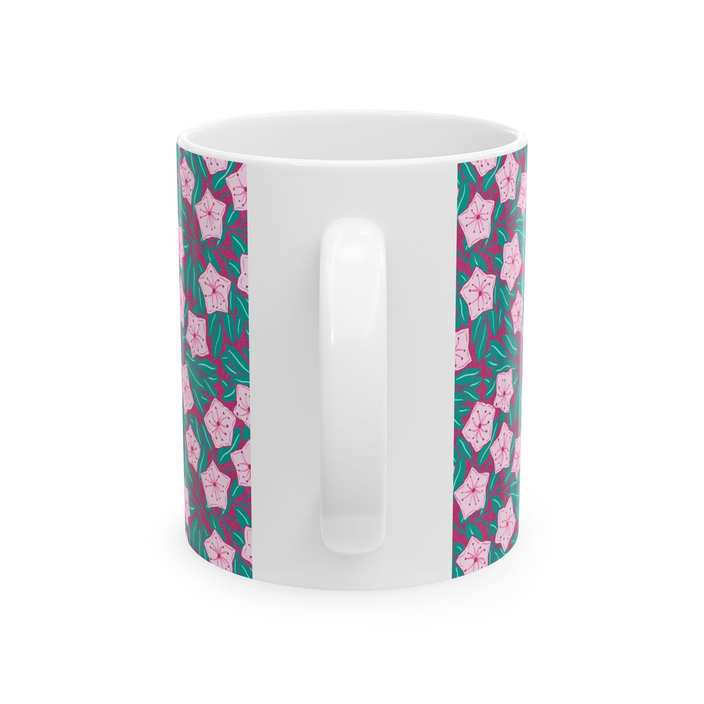 Pink Mountain Laurel Blossoms Ceramic Mug — Pink Flowers on Teal Background (11oz/15oz)