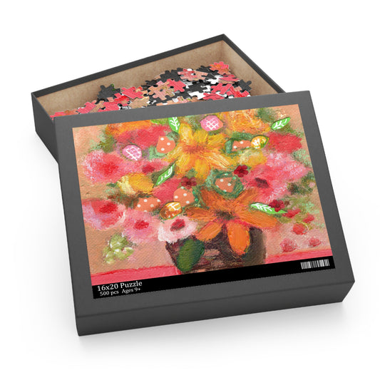 Contemporary Style Fresh Flowers in a Vase in Pink, Orange and Yellow on a Puzzle (120, 252, 500-Piece)