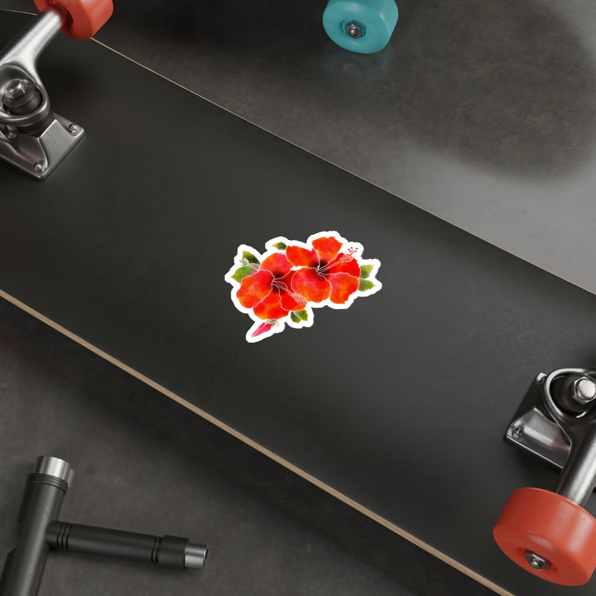 Red Hibiscus with Bude and Leaves Die-Cut Stickers