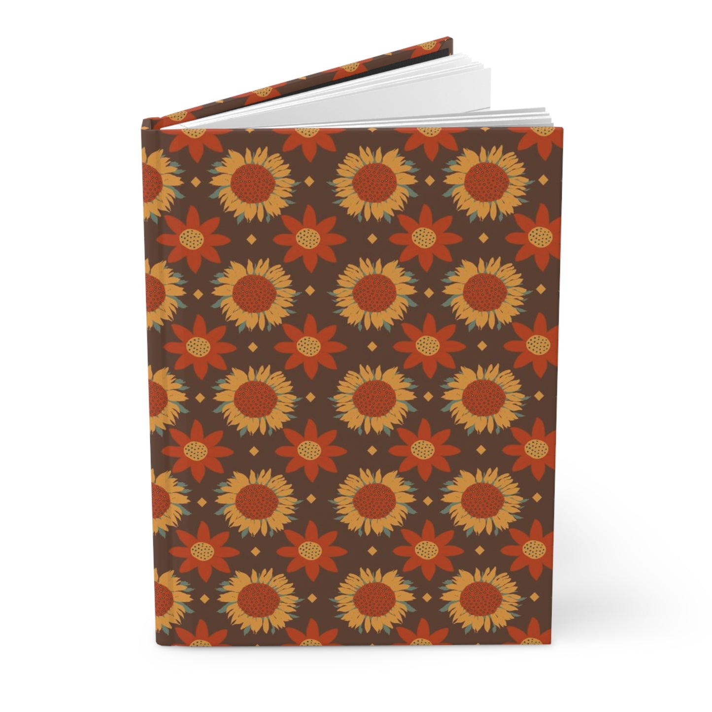 Retro Gold Sunflowers on Brown Background Hardcover Journal Matte
