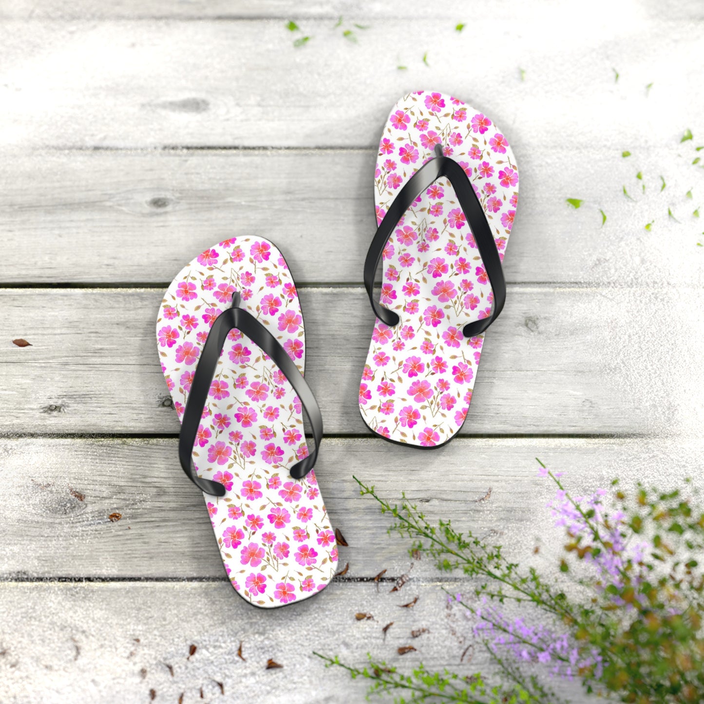 Hot Pink Wild Roses Flip Flops