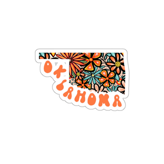 Oklahoma State Sticker | Vinyl Artist Designed Illustration Featuring Oklahoma State Filled With Retro Flowers with Retro Hand-Lettering Die-Cut Stickers