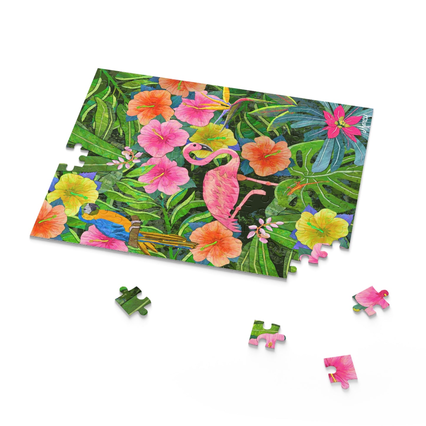 Flamingo in jungle Garden, digital painted paper collage  Puzzle (120, 252, 500-Piece)