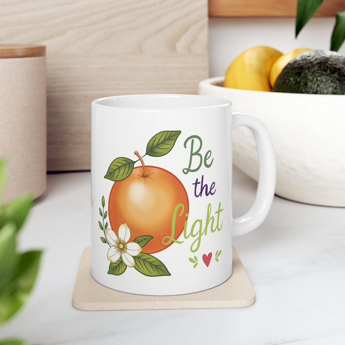 Inspirational Orange Blossom Ceramic Mug — "Be the Light" Motivational Coffee Cup (11oz & 15oz)