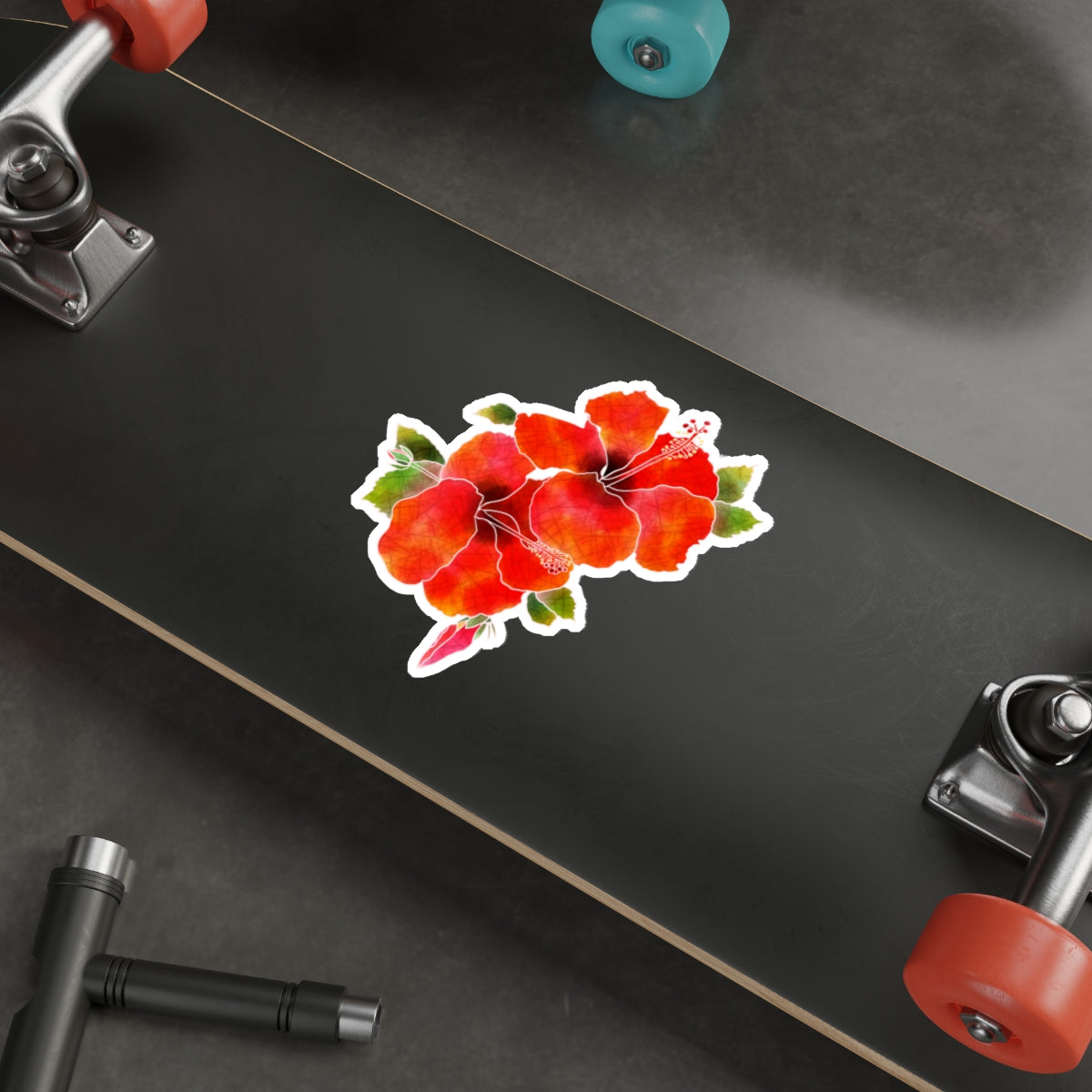 Red Hibiscus with Bude and Leaves Die-Cut Stickers