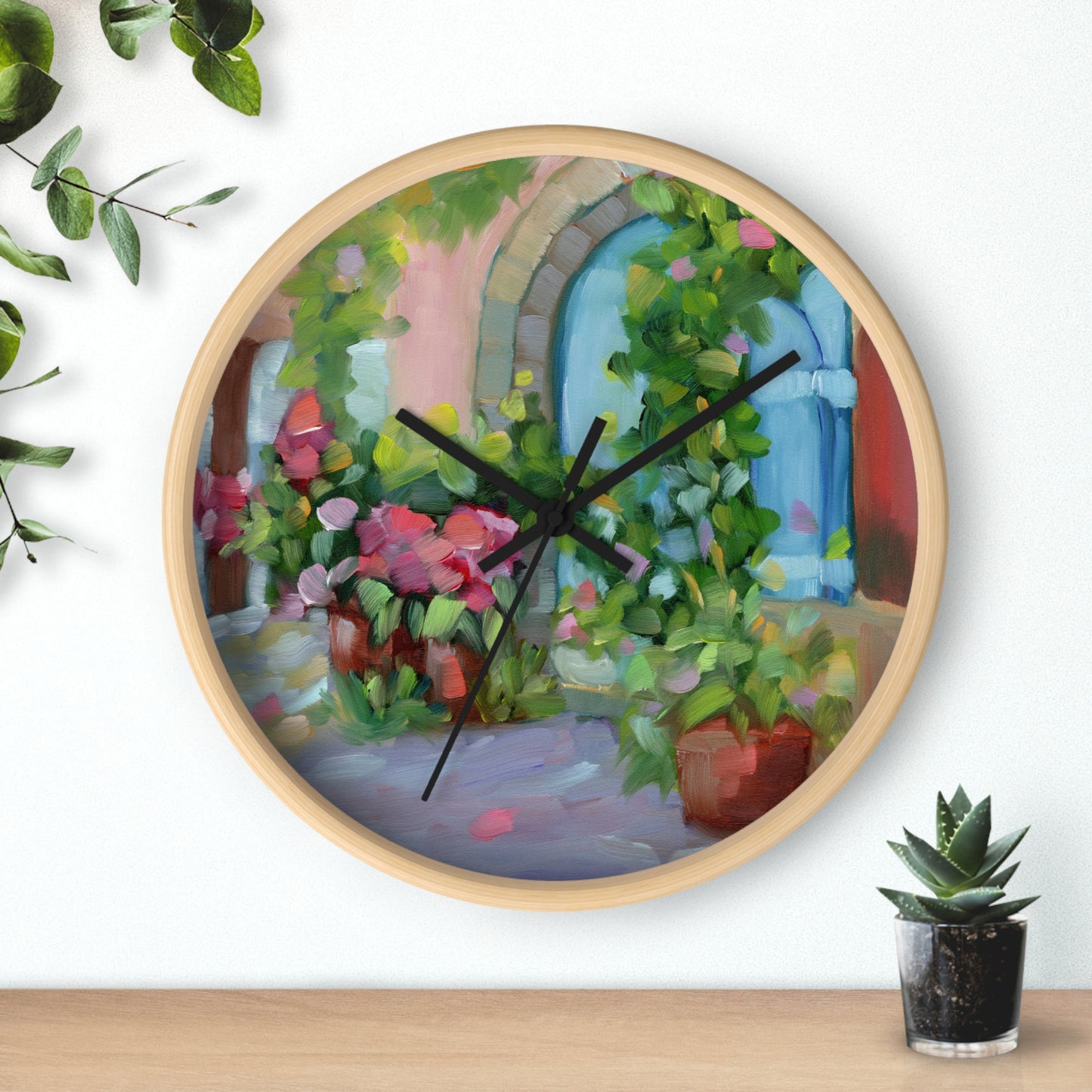 Mediterranean Garden Wall Clock — Floral Courtyard Art Timepiece