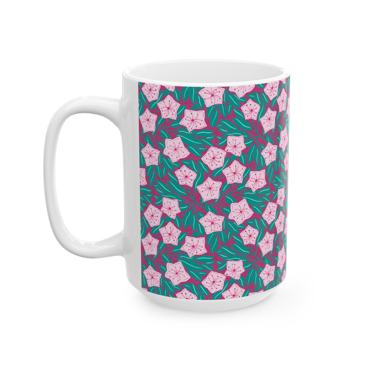 Pink Mountain Laurel Blossoms Ceramic Mug — Pink Flowers on Teal Background (11oz/15oz)
