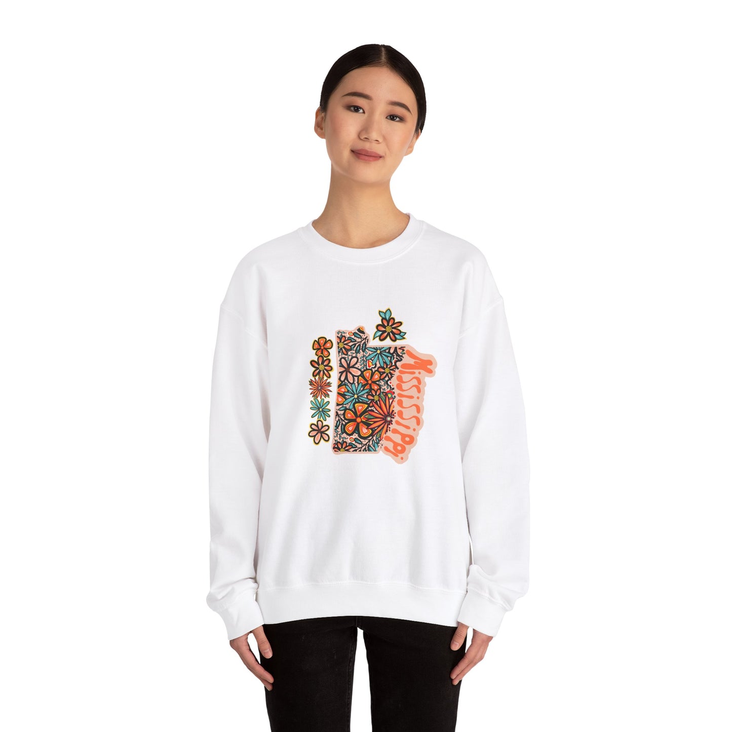 Retro 70s Flowers Mississippi State Design — Heavy Blend™ Crewneck Sweatshirt