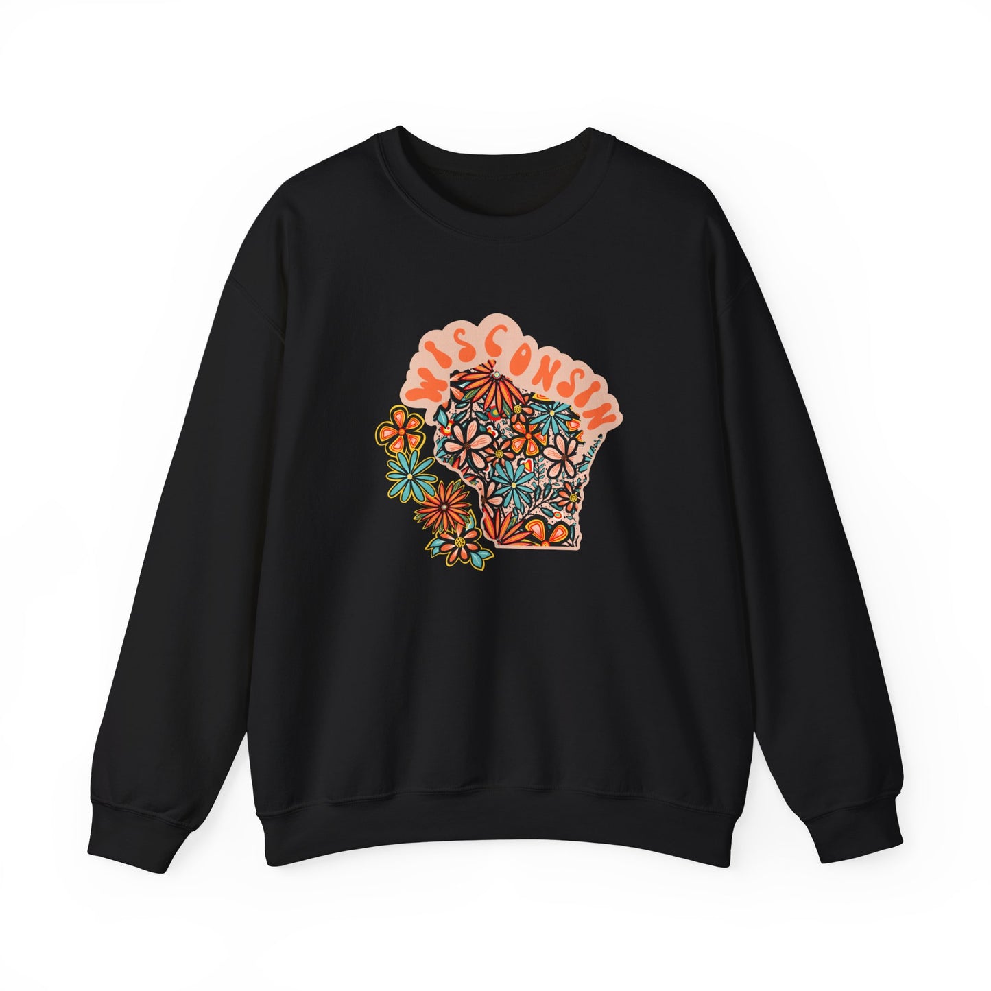 Retro 70s Flowers Wisconsin State Design — Heavy Blend™ Crewneck Sweatshirt