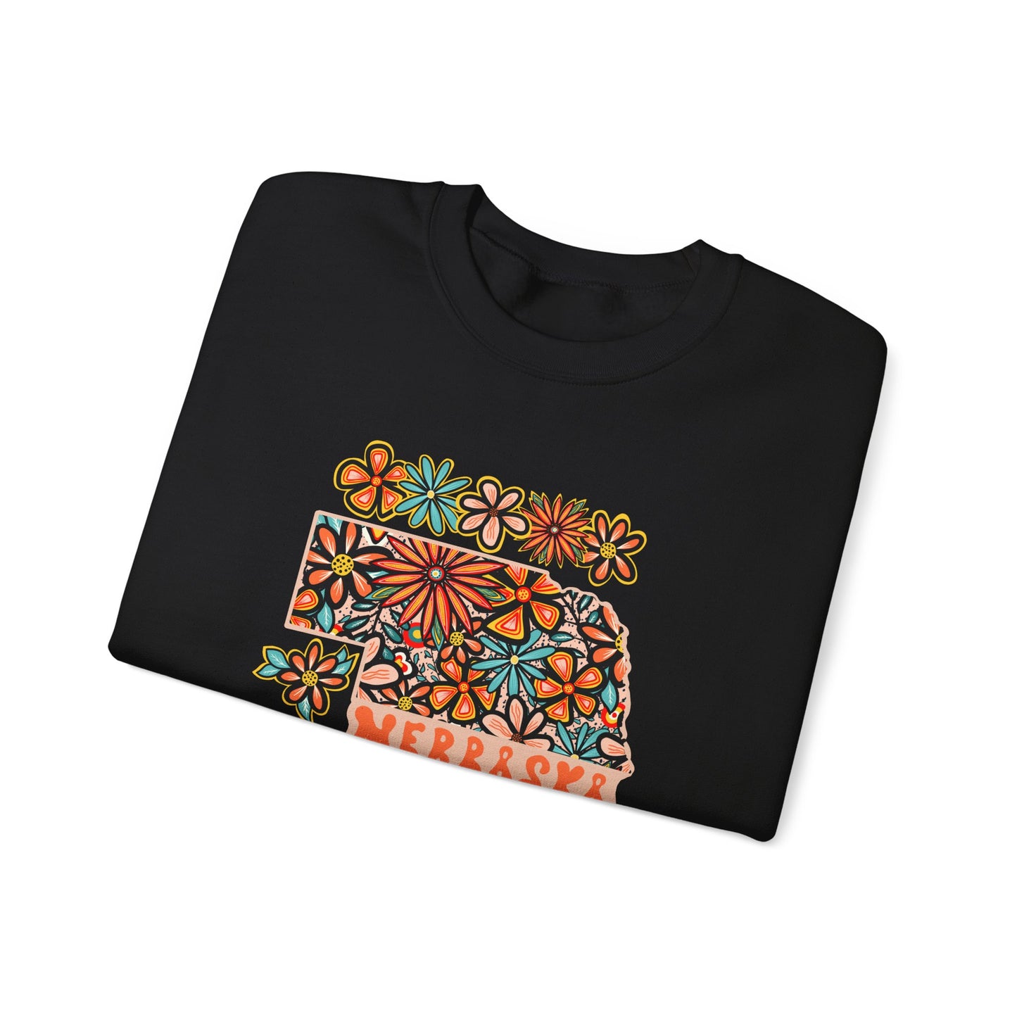 Retro 70s Flowers Nebraska State Design — Heavy Blend™ Crewneck Sweatshirt