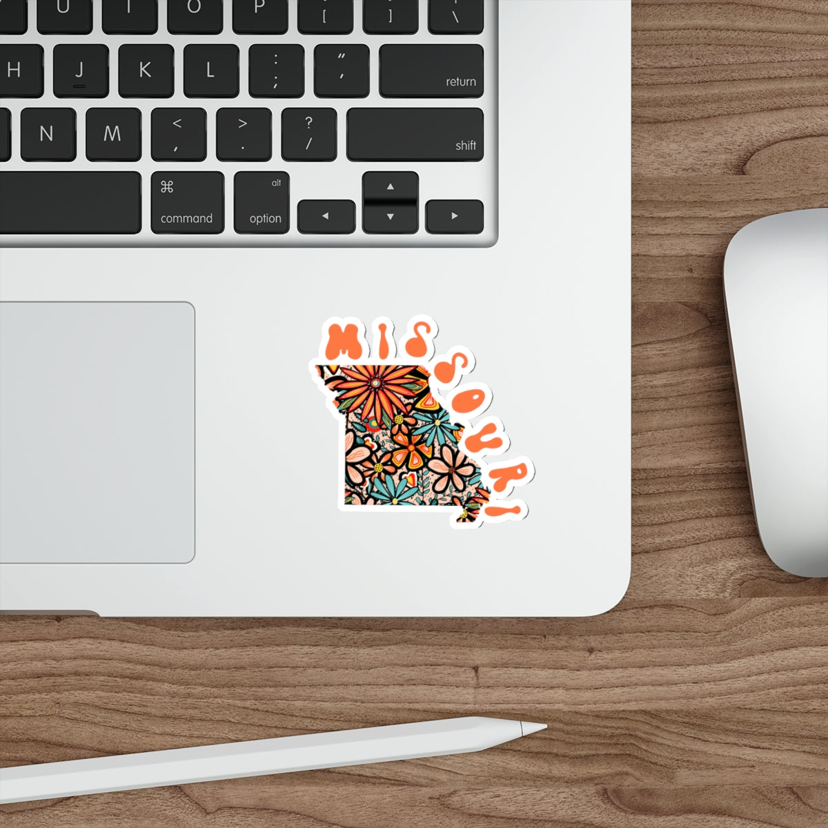 Missouri State Sticker | Vinyl Artist Designed Illustration Featuring Missouri State Outline Filled With Retro Flowers with Retro Hand-Lettering