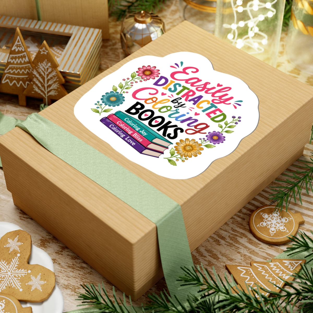 Easily Distracted by Coloring Books Sticker — Colorful Floral Booklover Kiss-Cut Sticker