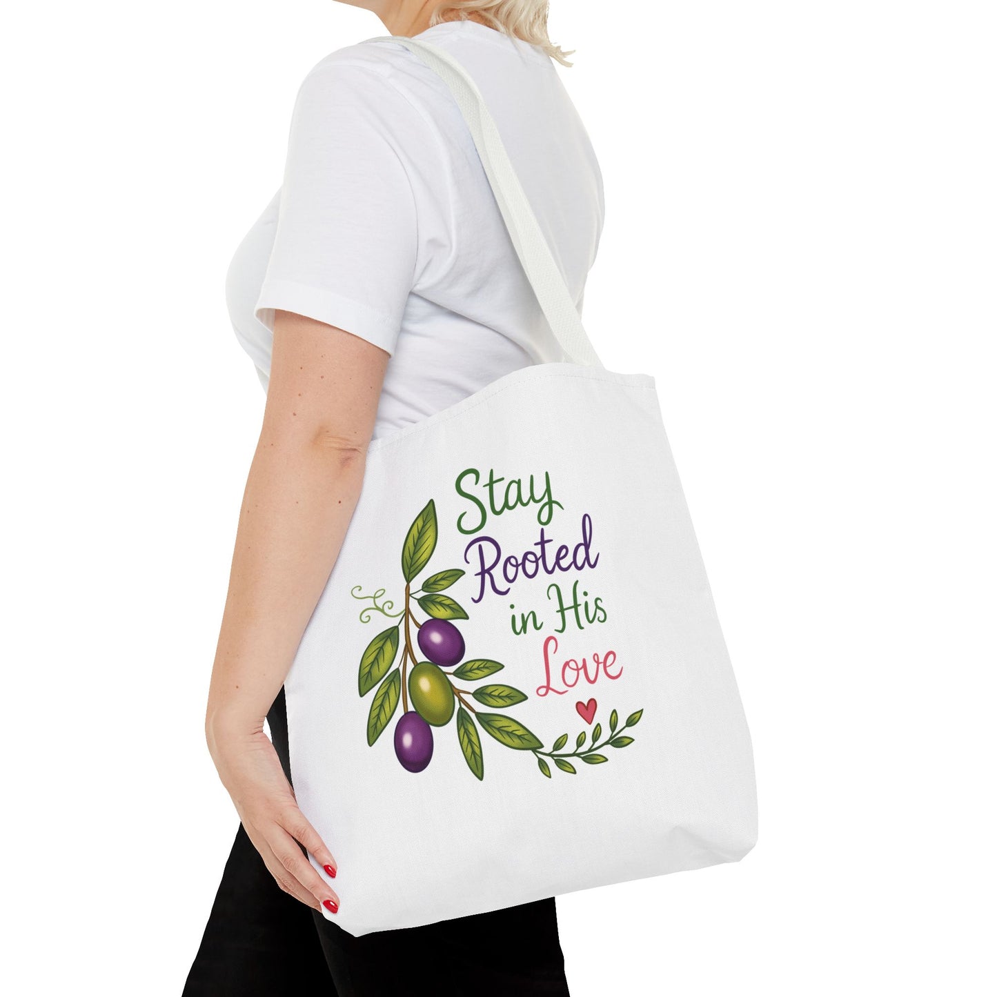 Stay Rooted in His Love Tote Bag — Faith-Based Olive Branch Canvas Tote