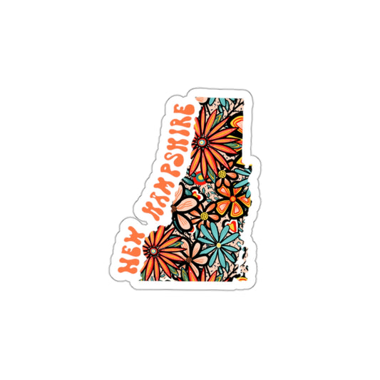 New Hampshire State Sticker | Vinyl Artist Designed Illustration Featuring New Hampshire State Outline Filled With Retro Flowers with Retro Hand-Lettering Die-Cut Stickers