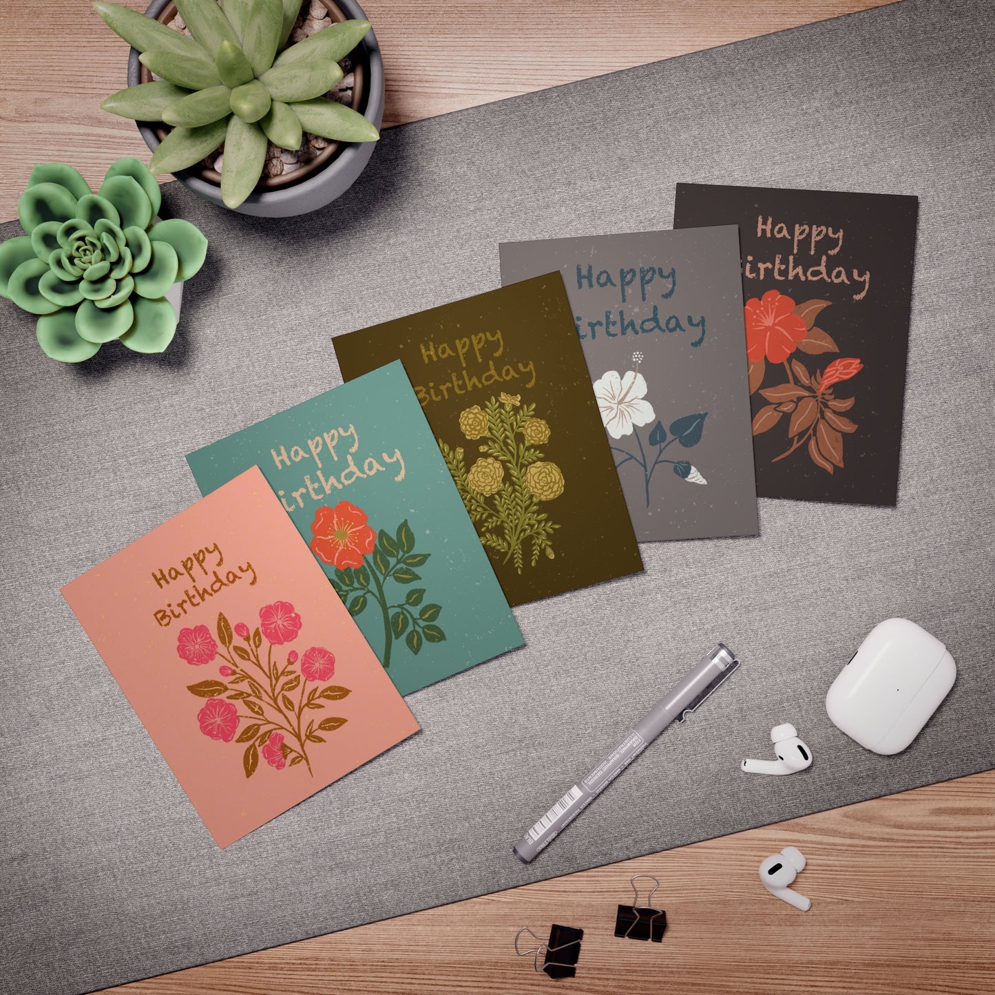 Birthday Cards with Five Different Block Print Style Flower Designs in Retro Colors (5 Pack)