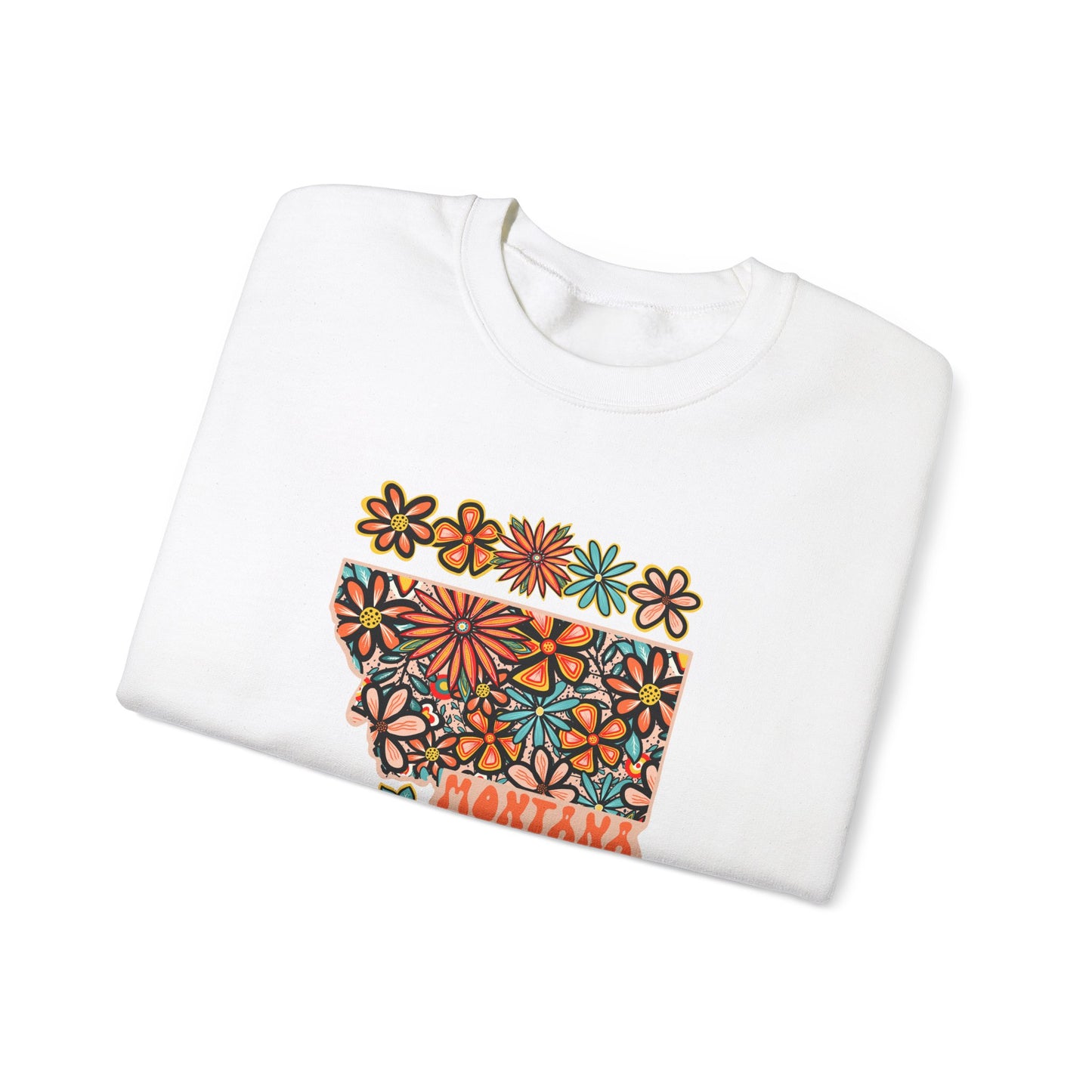 Retro 70s Flowers Montana State Design — Heavy Blend™ Crewneck Sweatshirt