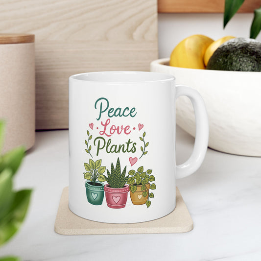 Inspirational Floral Ceramic Mug — "Peace Love Plants" Coffee Cup (11oz & 15oz)
