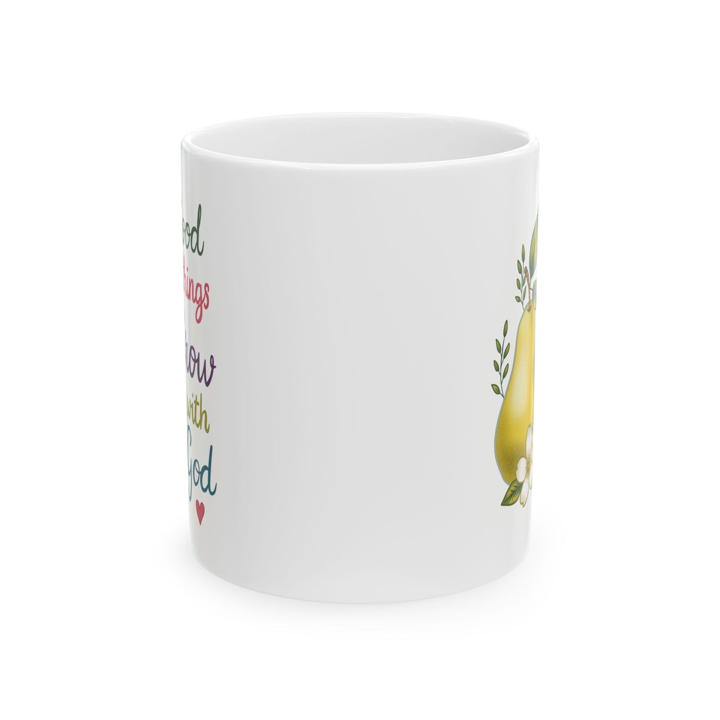 Good Things Grow with God Ceramic Mug — Hand Painted Pear Coffee Tea Cup (11oz & 15oz