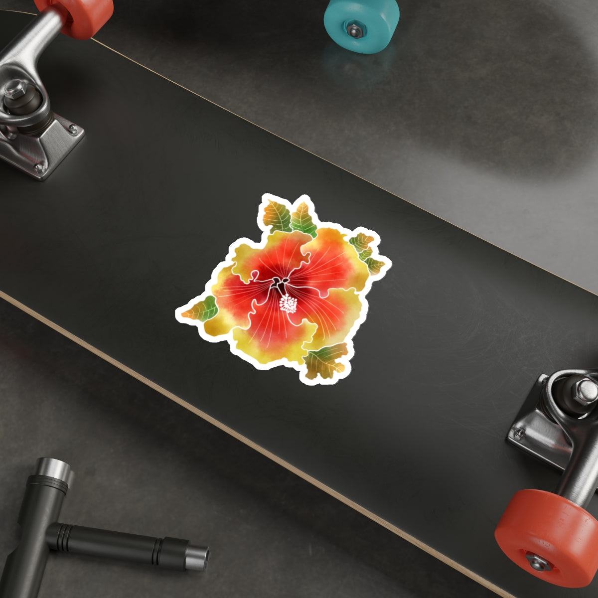 Palm Springs Orange and Yellow Ruffled Hibiscus with Leaves Die-Cut Stickers