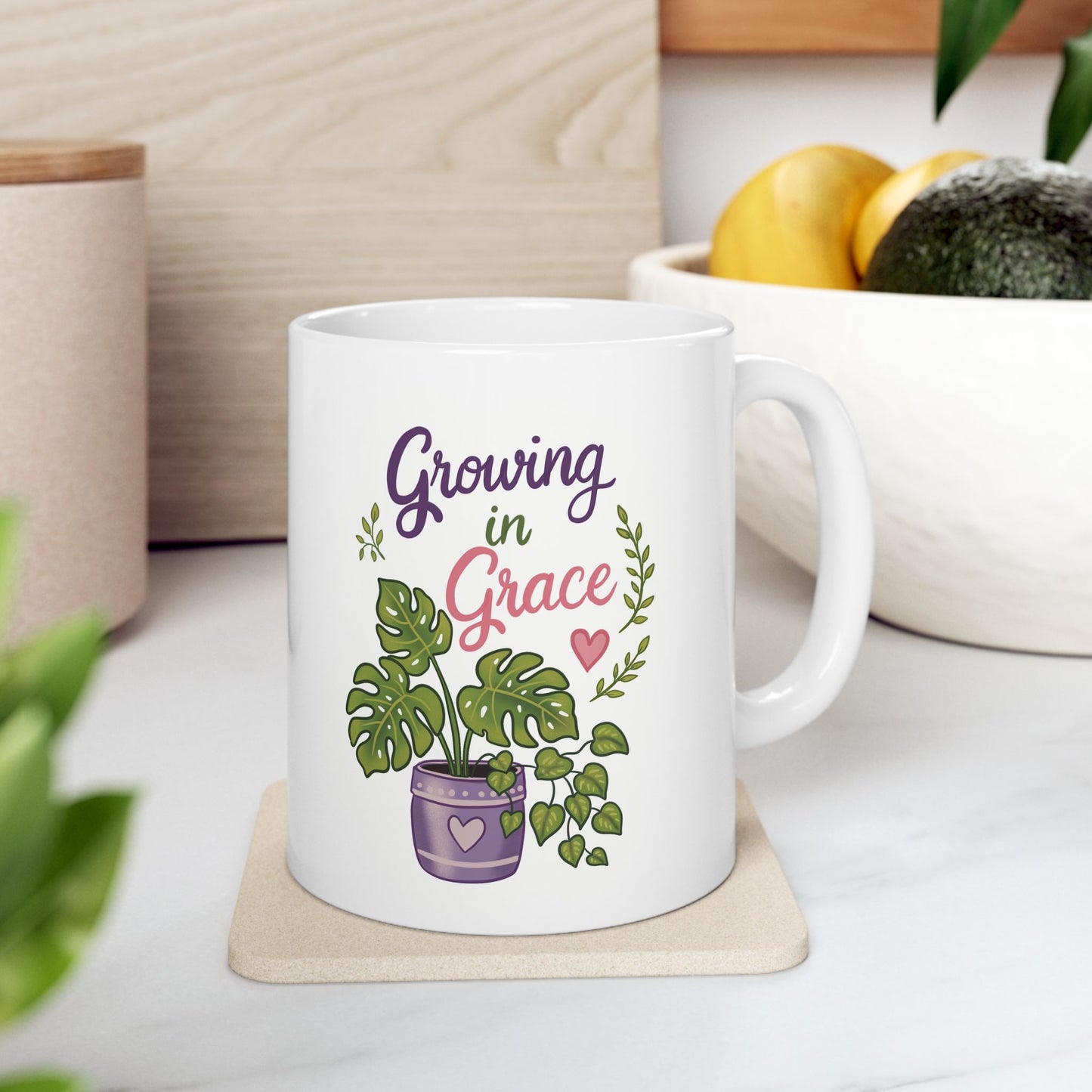 Plant Lover Ceramic Mug — 'Growing in Grace' Floral Houseplant Coffee Cup (11oz, 15oz)
