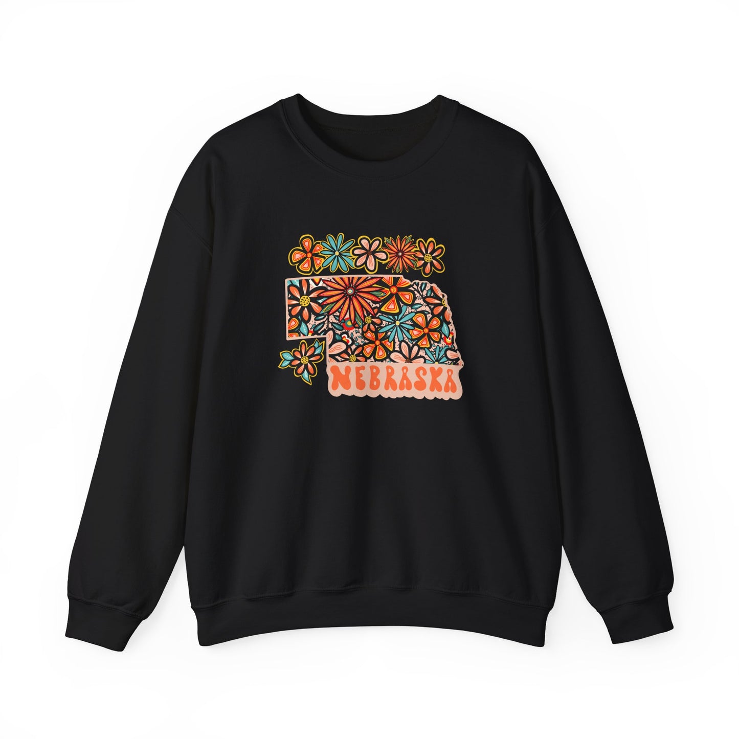 Retro 70s Flowers Nebraska State Design — Heavy Blend™ Crewneck Sweatshirt