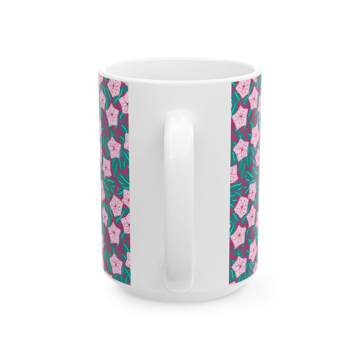 Pink Mountain Laurel Blossoms Ceramic Mug — Pink Flowers on Teal Background (11oz/15oz)