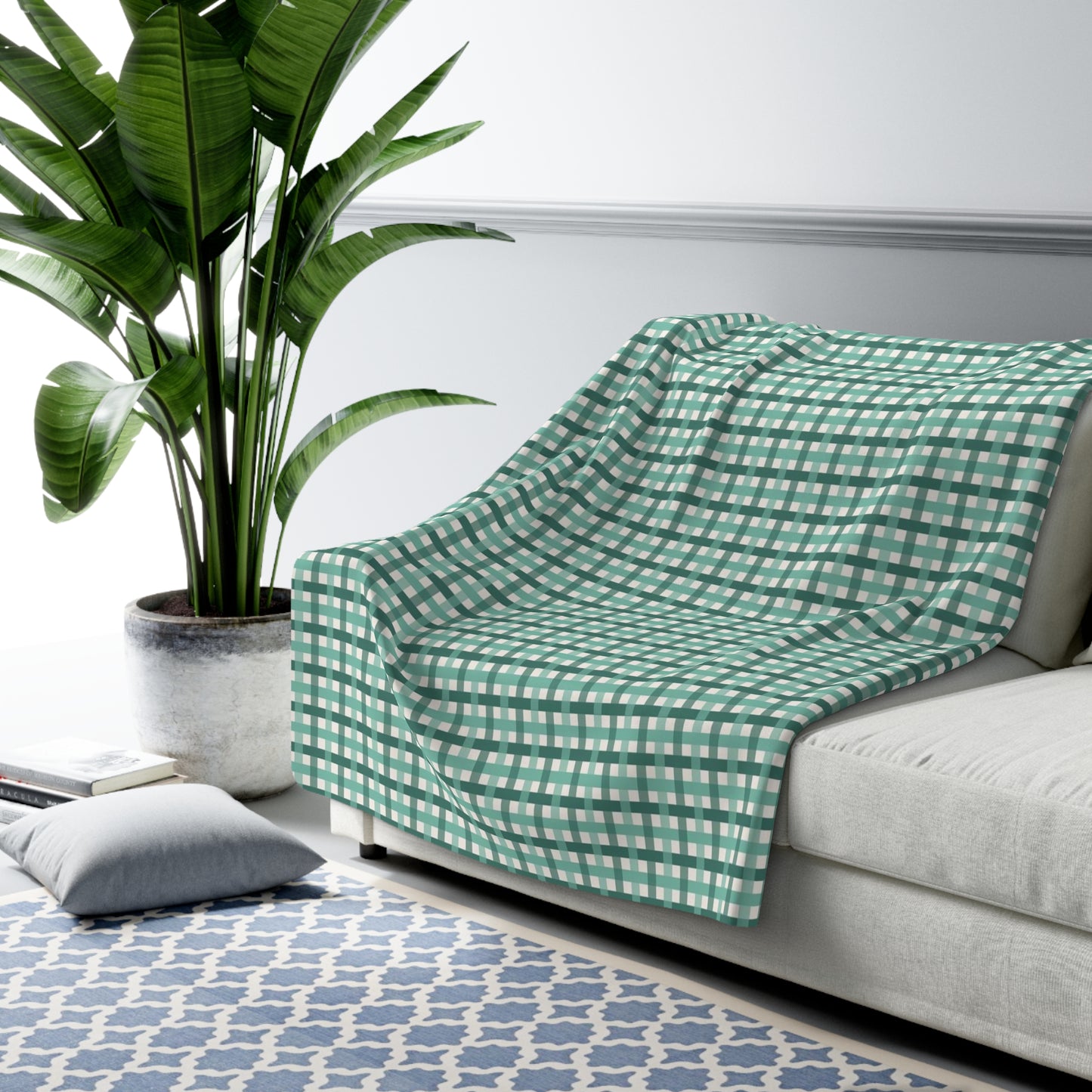 Sea Green Beach Checks Sherpa Fleece Blanket