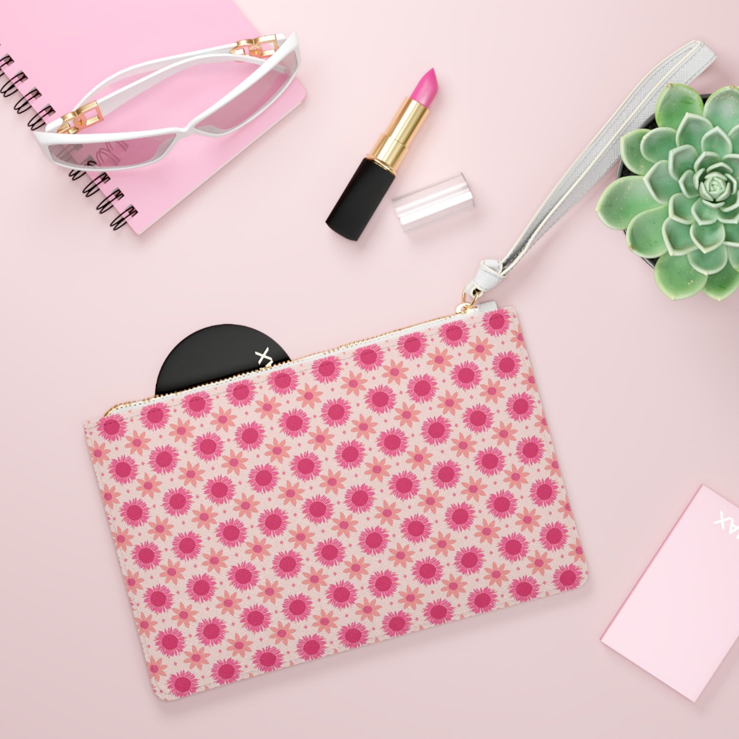 Retro Pink Sunflowers Clutch Bag