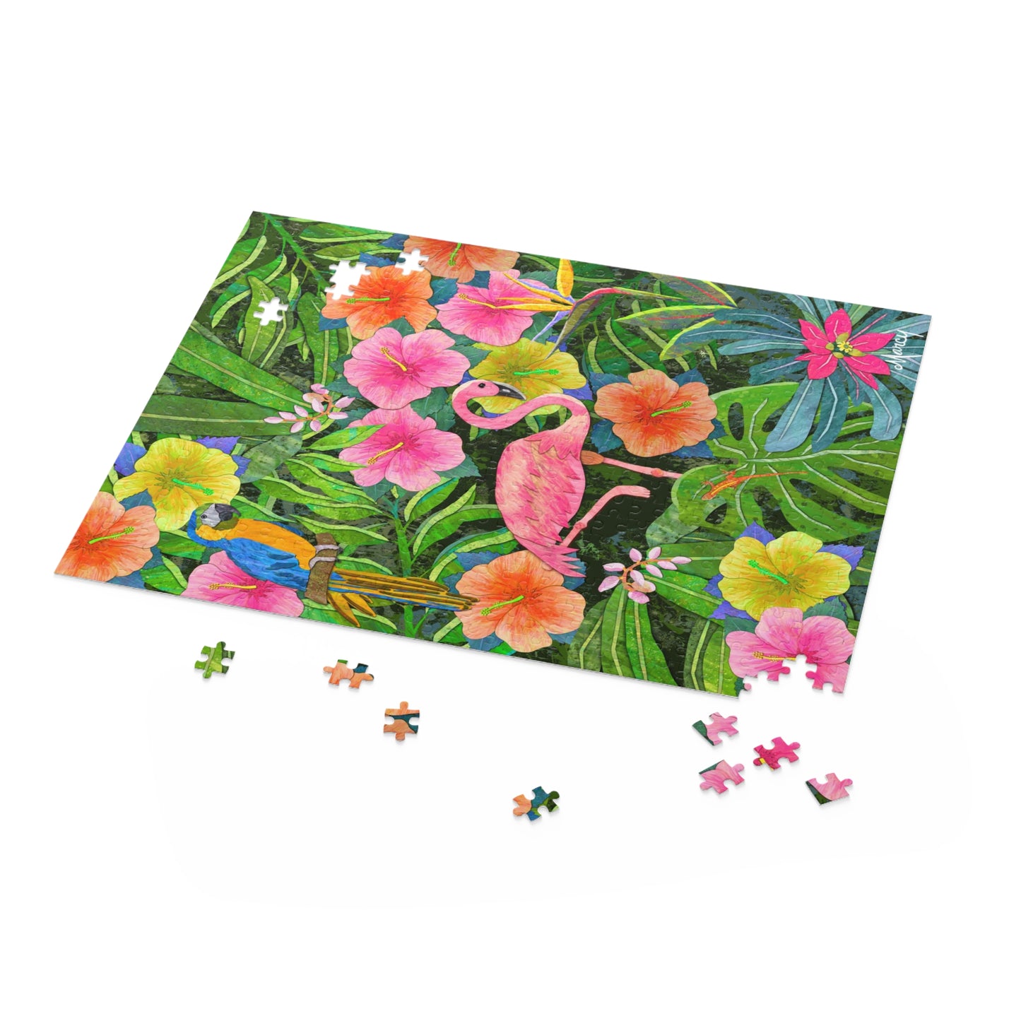 Flamingo in jungle Garden, digital painted paper collage  Puzzle (120, 252, 500-Piece)