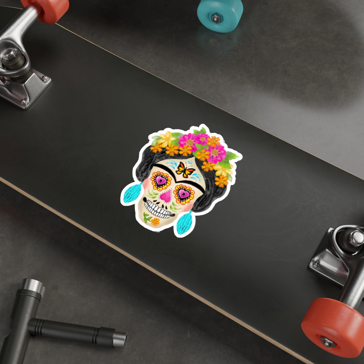 Frida Sugar Skull with Turquoise Earrings Die-Cut Stickers