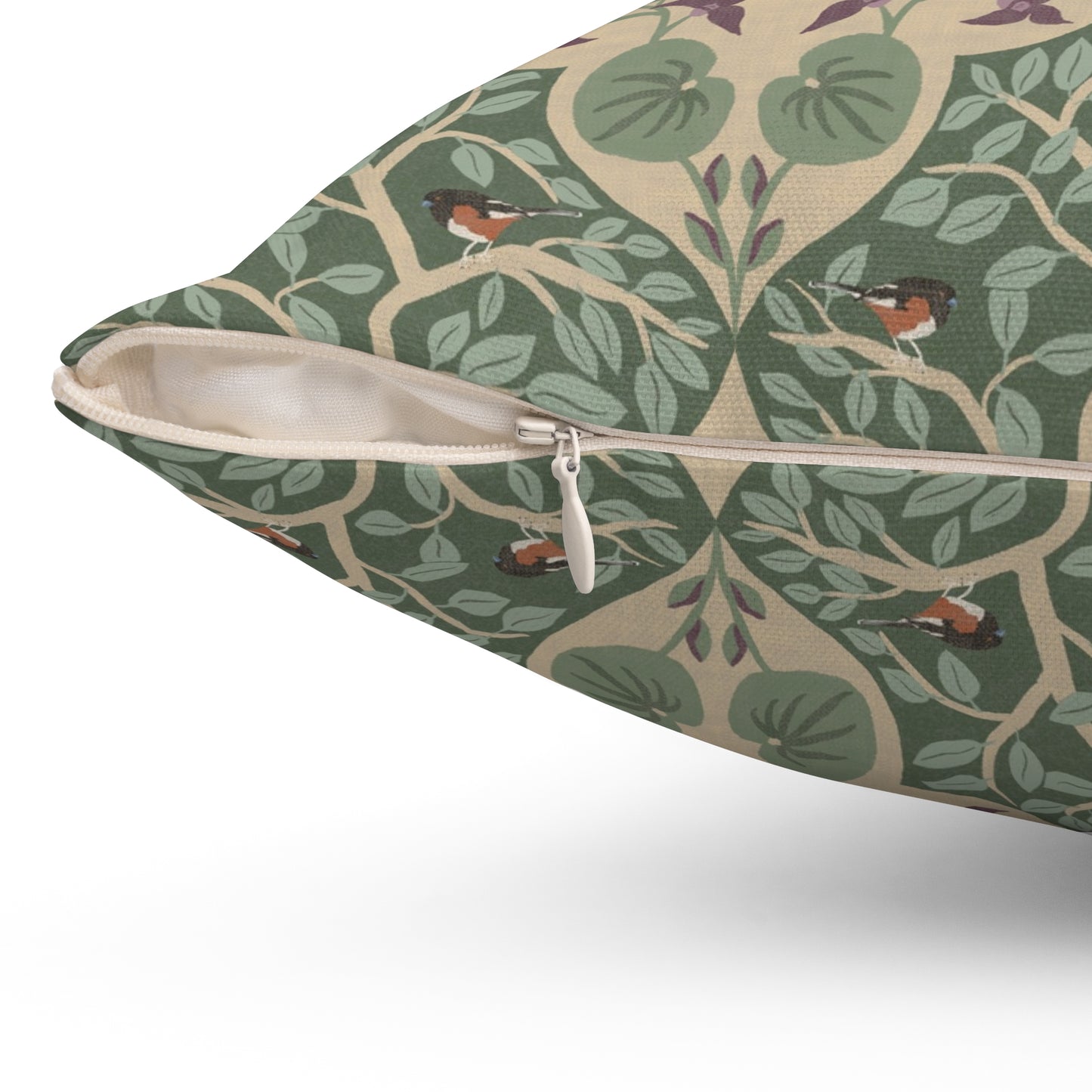 Wild Ginger, Beech Tree and Towhee Sparrows Spun Polyester Square Pillow