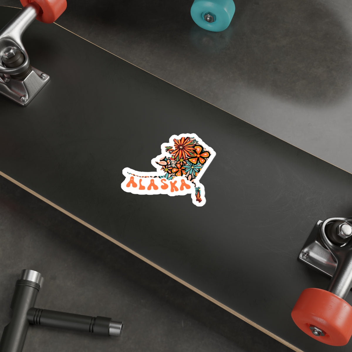 Alaska State Sticker | Vinyl Artist Designed Illustration Featuring Alaska State Outline Filled With Retro Flowers with Retro Hand-Lettering Die-Cut Stickers