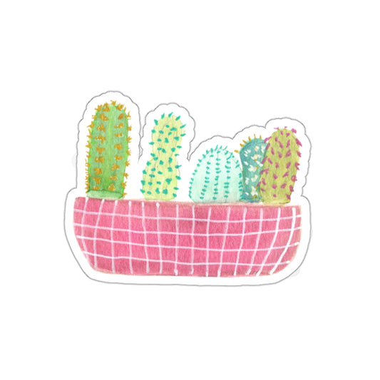 Pink and White Checkered Bowl of Cactus Die Cut Sticker