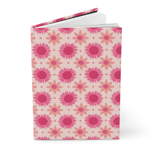 Retro Pink Sunflowers on Pink Background Hardcover Journal Matte