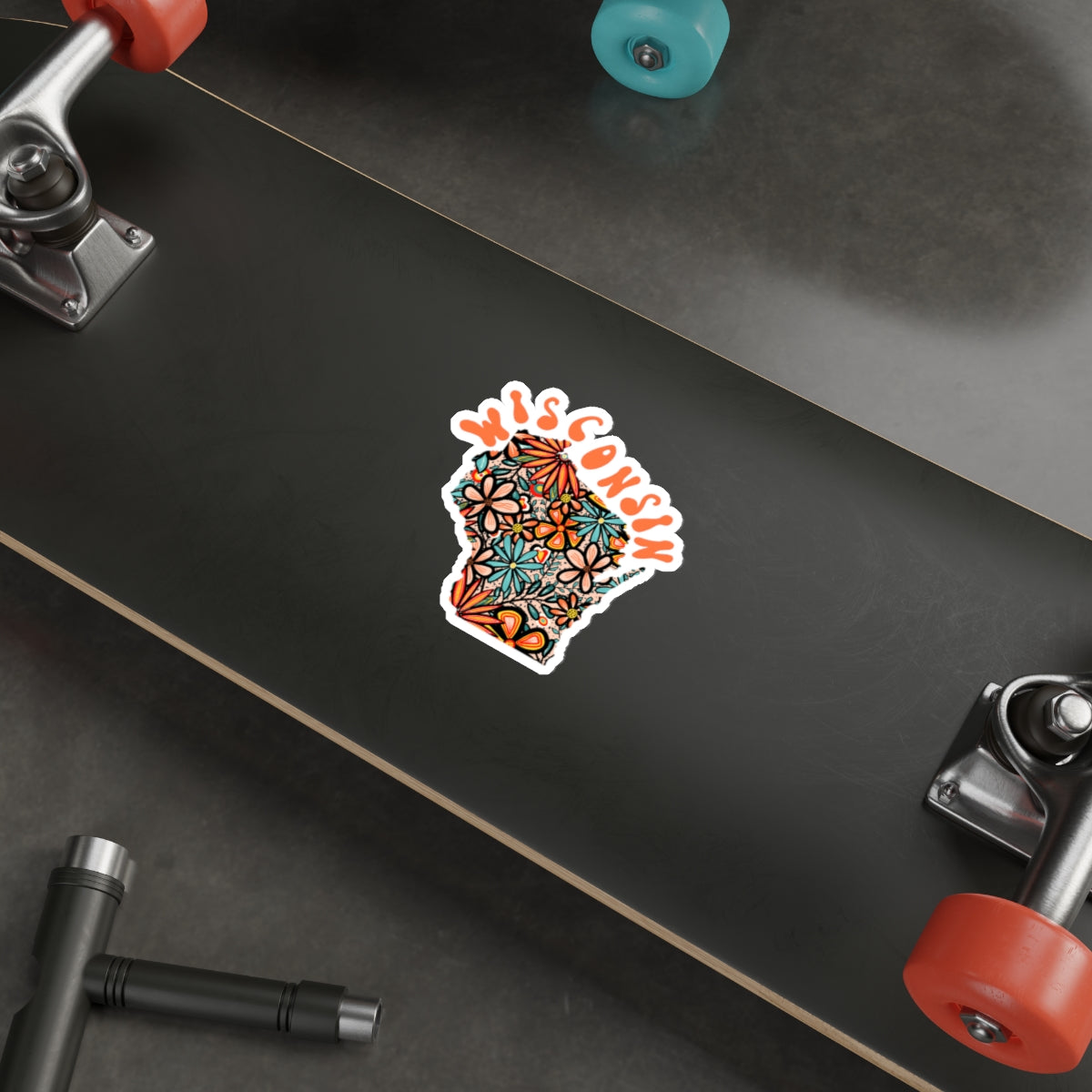 Wisconsin State Sticker | Vinyl Artist Designed Illustration Featuring Wisconsin State Filled With Retro Flowers with Retro Hand-Lettering Die-Cut Stickers