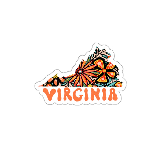 Virginia State Sticker | Vinyl Artist Designed Illustration Featuring Virginia State Filled With Retro Flowers with Retro Hand-Lettering Die-Cut Stickers