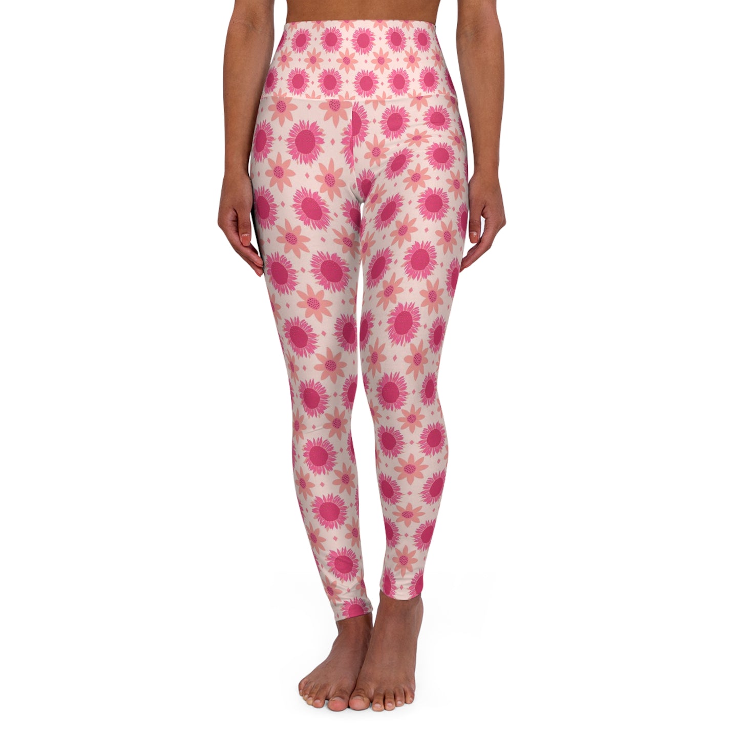 Retro Pink Sunflowers High Waisted Yoga Leggings (AOP)