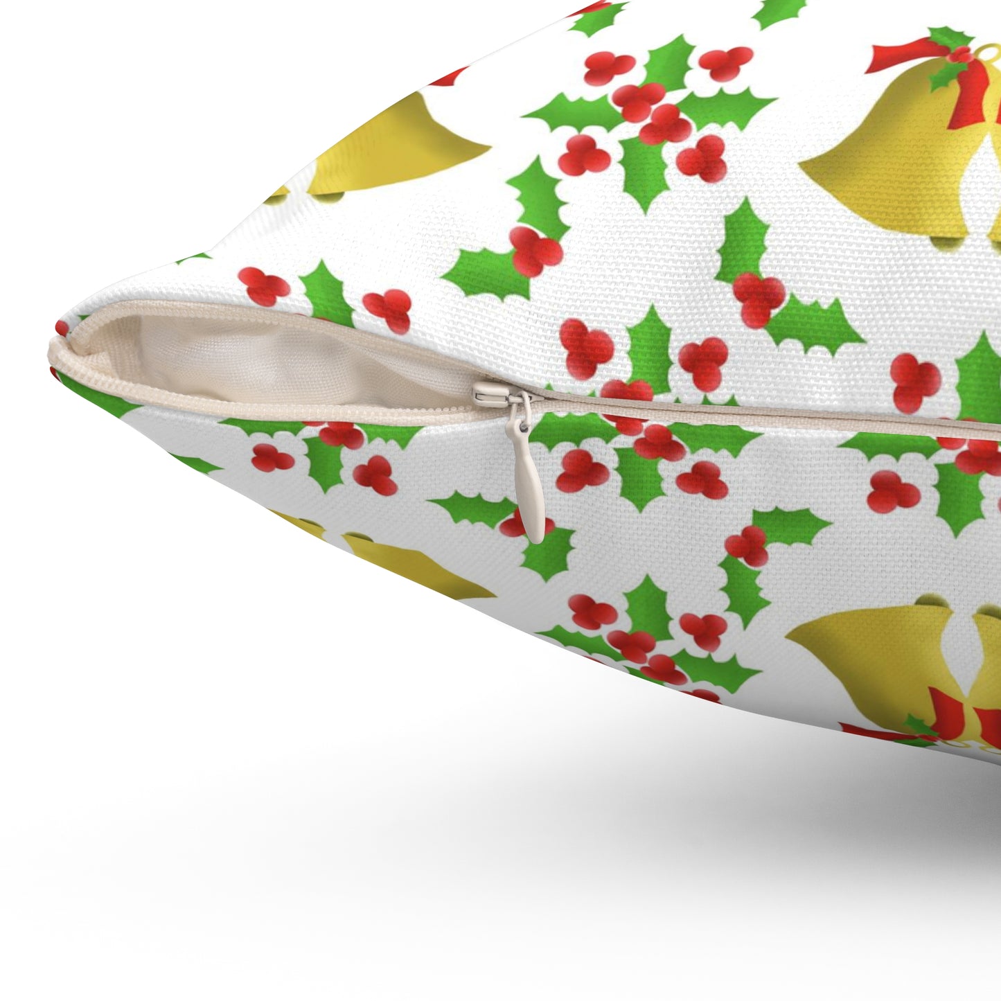 Bells and Holly Spun Polyester Square Pillow