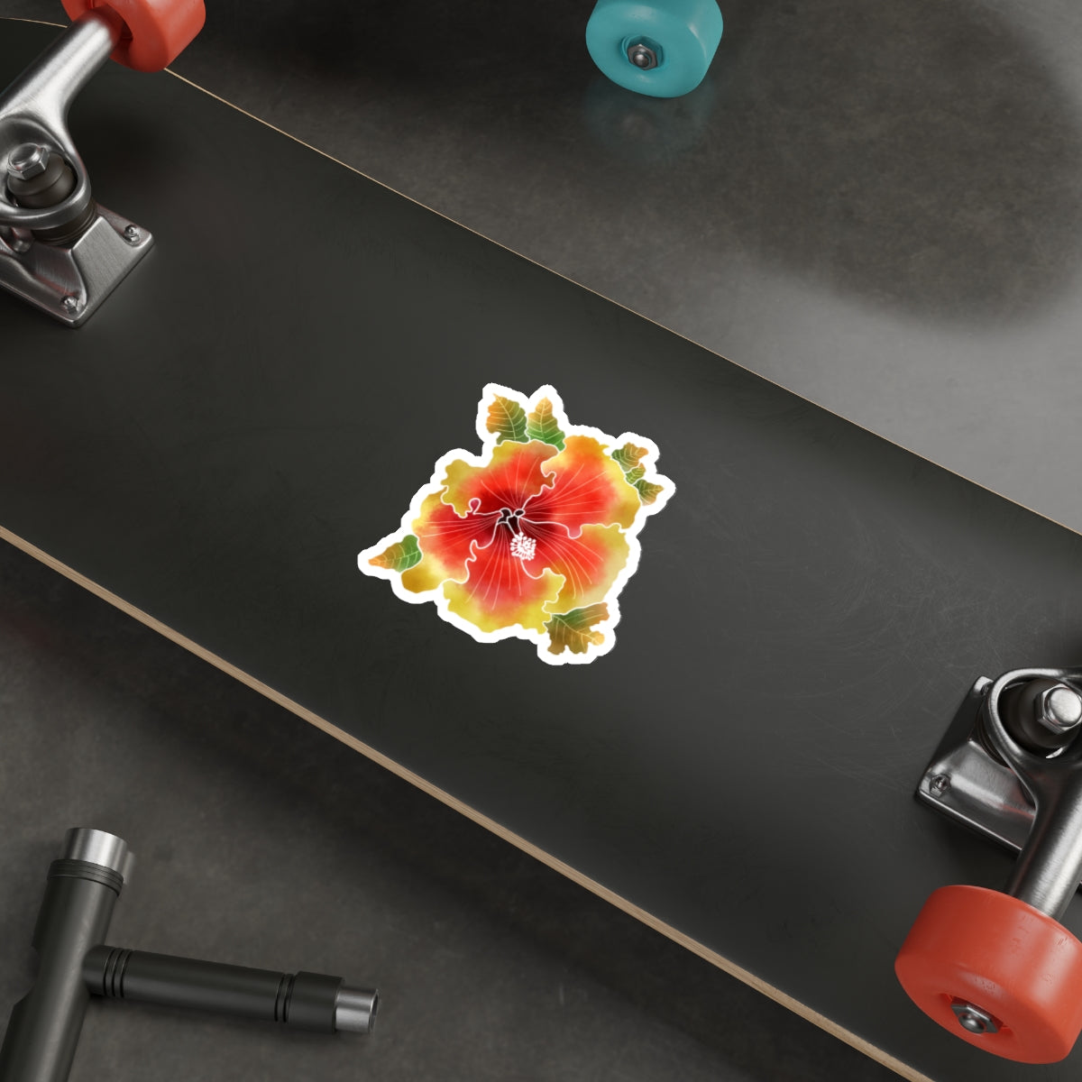 Palm Springs Orange and Yellow Ruffled Hibiscus with Leaves Die-Cut Stickers