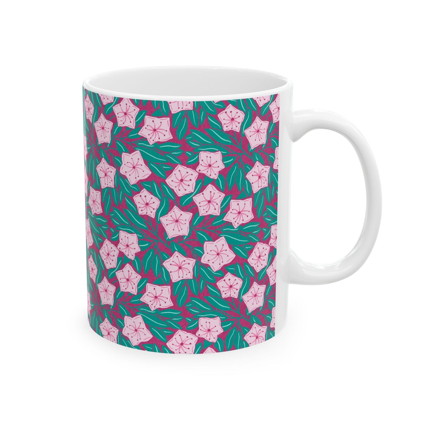 Pink Mountain Laurel Blossoms Ceramic Mug — Pink Flowers on Teal Background (11oz/15oz)