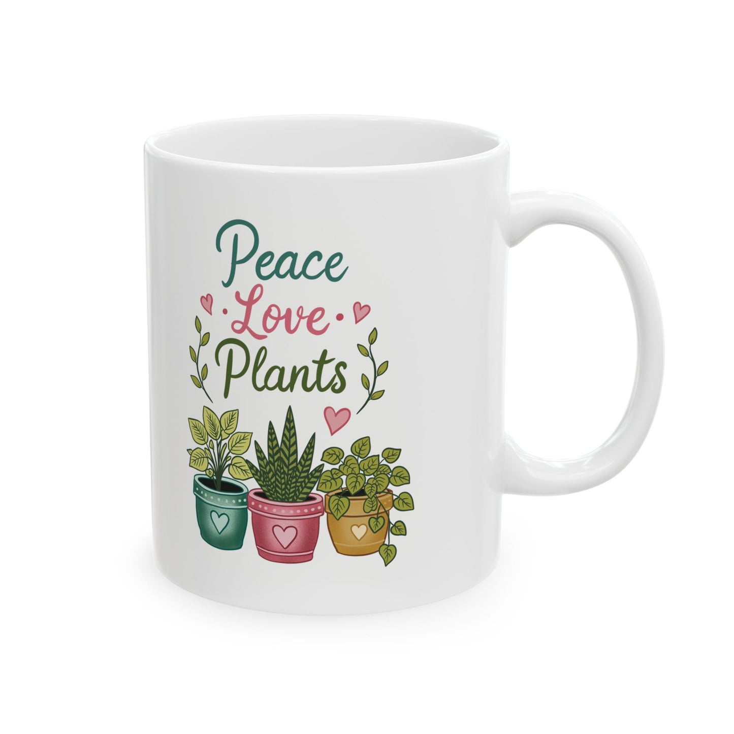 Inspirational Floral Ceramic Mug — "Peace Love Plants" Coffee Cup (11oz & 15oz)