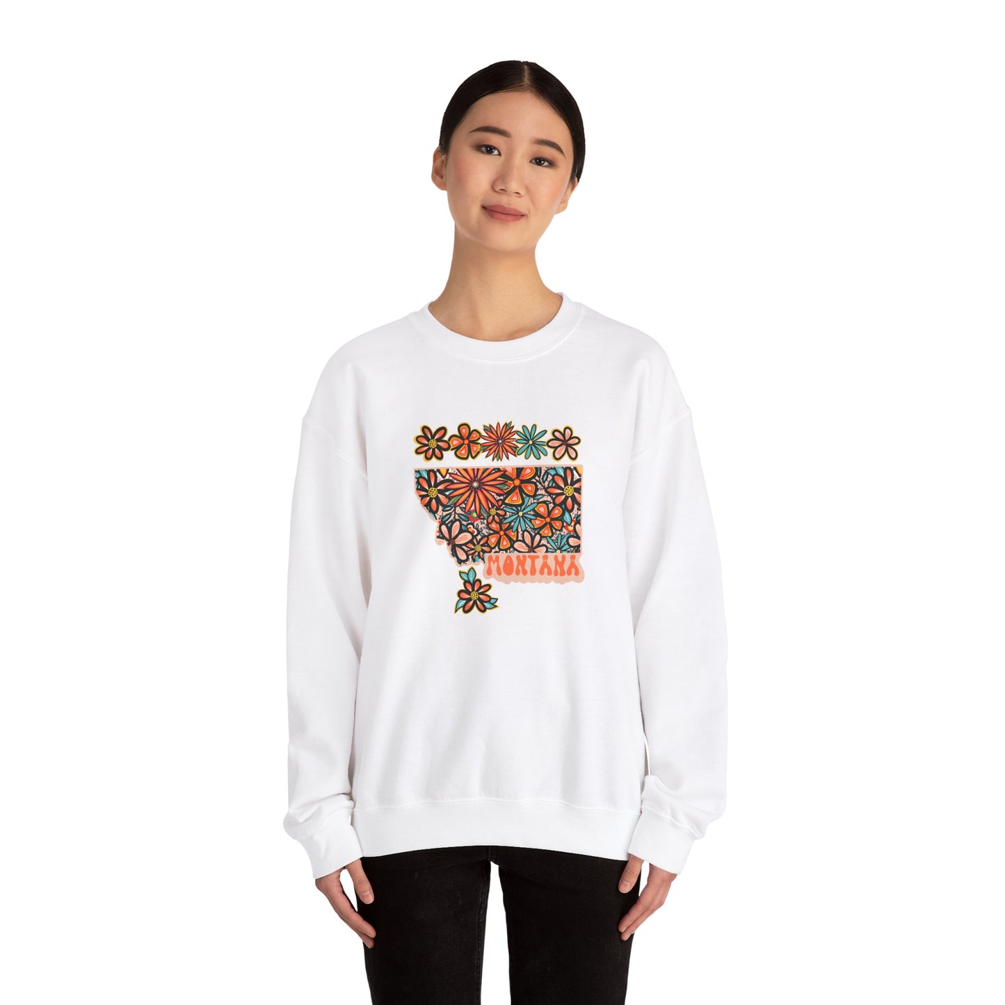 Retro 70s Flowers Montana State Design — Heavy Blend™ Crewneck Sweatshirt