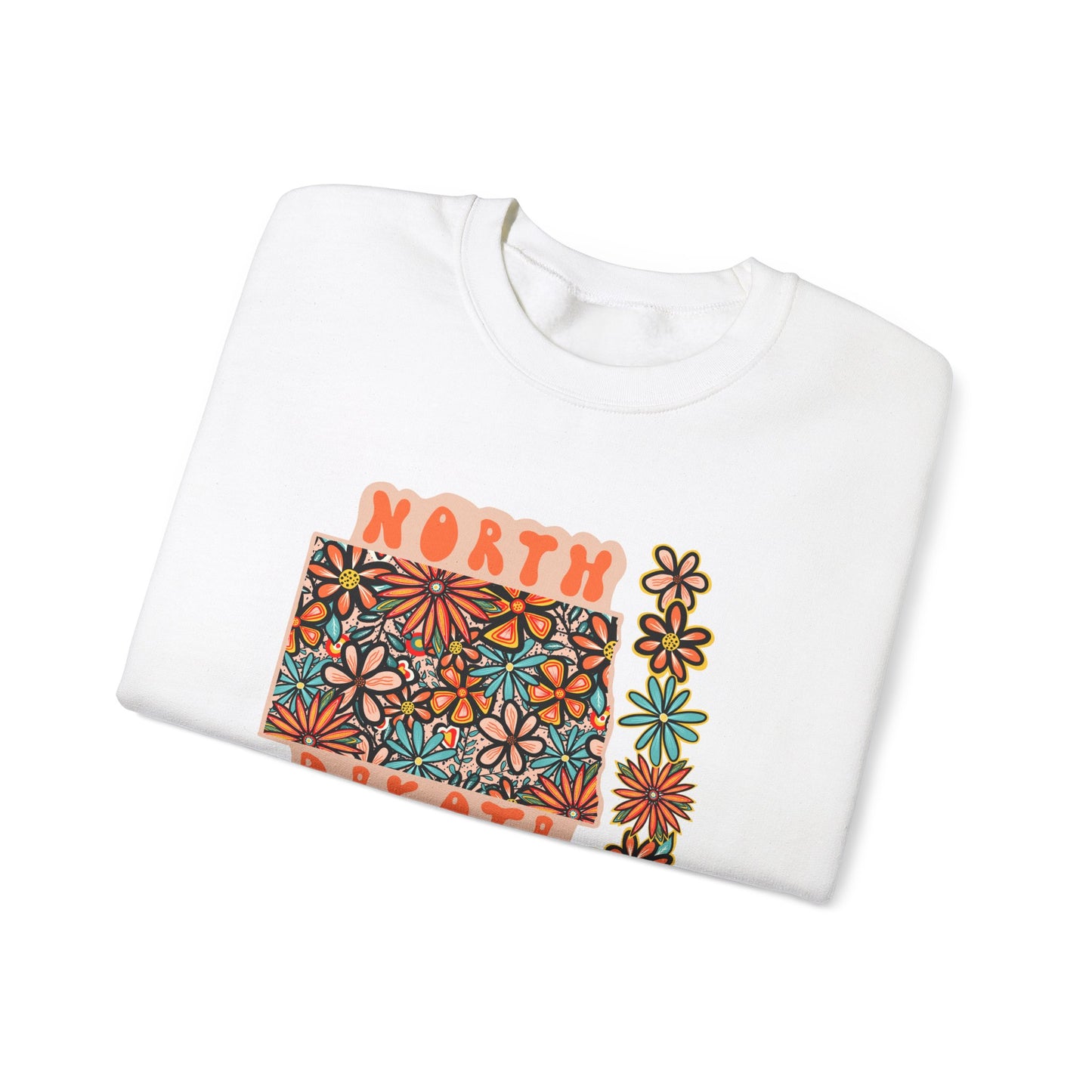 Retro 70s Flowers North Dakota State Design — Heavy Blend™ Crewneck Sweatshirt