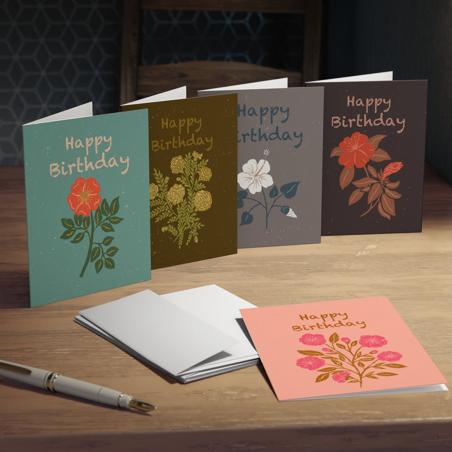 Birthday Cards with Five Different Block Print Style Flower Designs in Retro Colors (5 Pack)